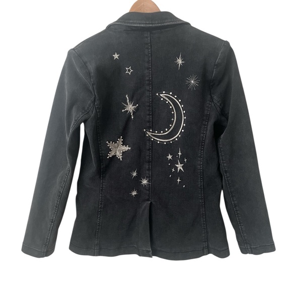 DRIFTWOOD Washed Black Celestial Embroidered Denim Jacket Pockets XS Reg. $218 - Picture 3 of 13